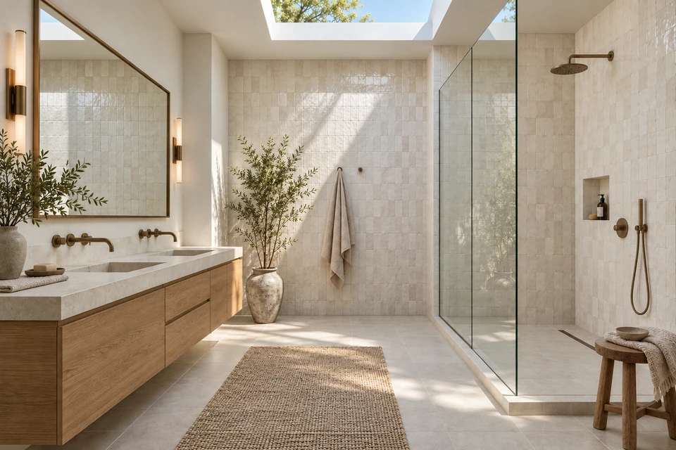 Bathroom concept with warm oak vanity, softly textured ivory tile, stone surfaces and a sunlit shower