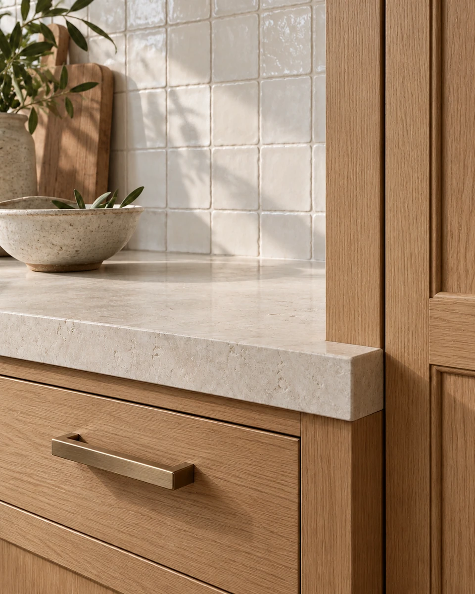 Concept detail of natural oak joinery, bronze hardware and pale stone