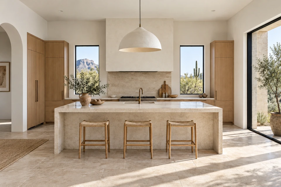 Design concept: sunlit oak kitchen with a pale stone island and woven stools
