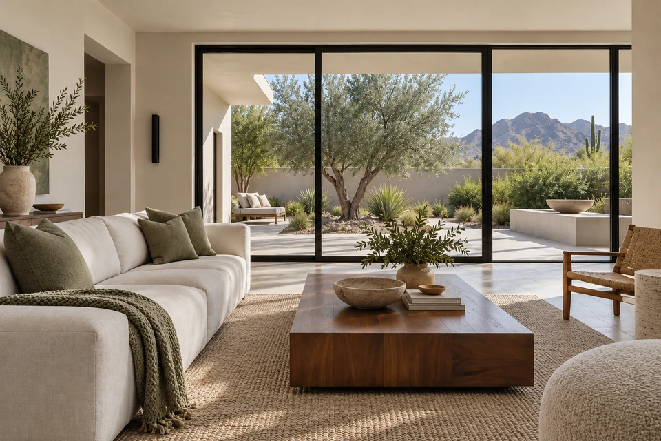 Living room concept with a low cream sofa, dark wood table and large doors opening to a desert courtyard